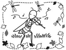 昆虫のキリギリスが中央でバイオリンを弾き、その周りには赤とんぼや落ち葉が舞っているイラスト
